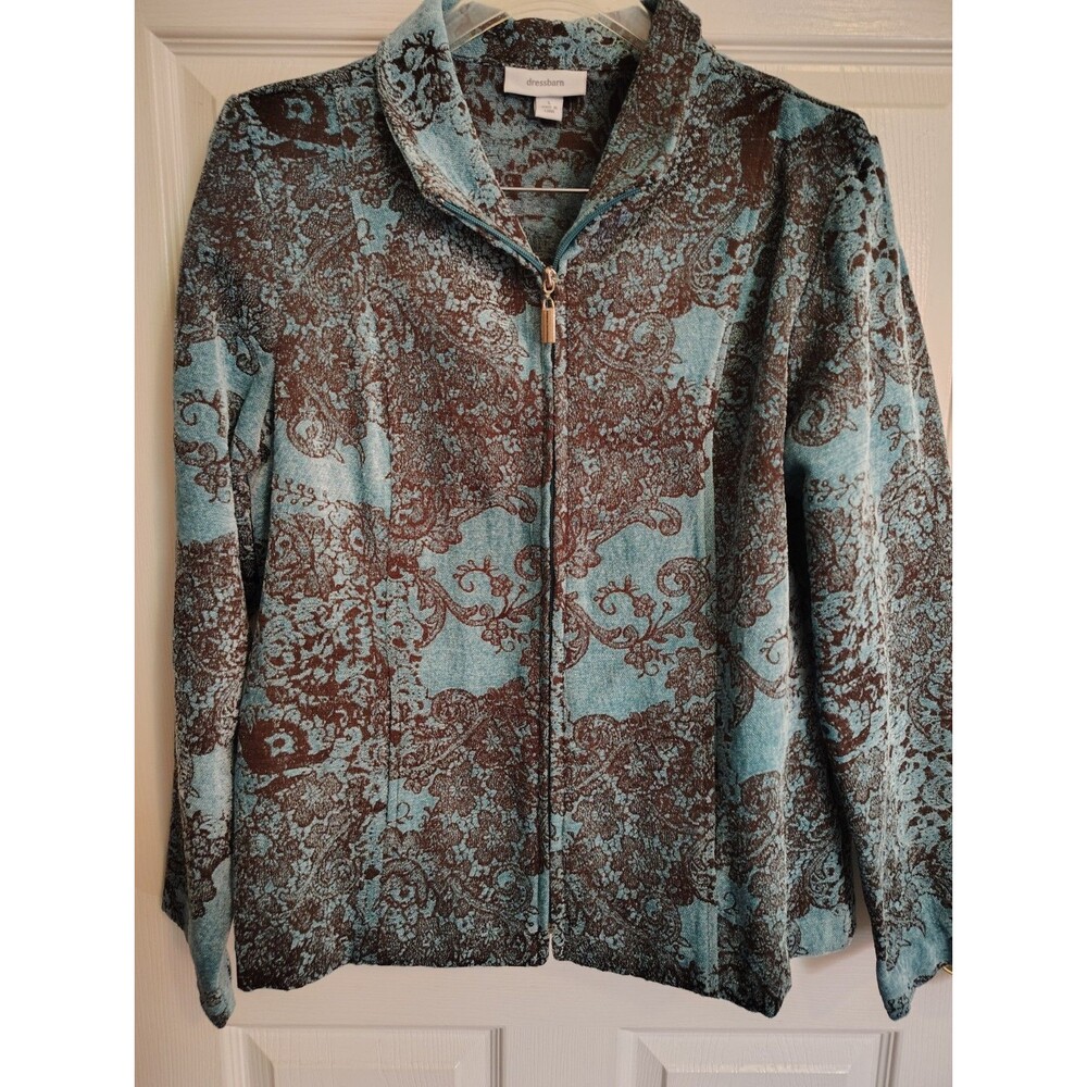 dressbarn Women's Blue/Brown Floral Full Zip Short Jacket Long Sleeve Size L